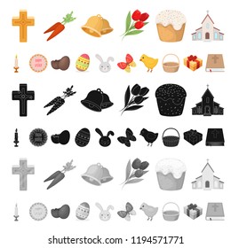 Easter is a Christian holiday cartoon icons in set collection for design. Easter attributes vector symbol stock web illustration.