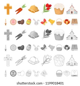 Easter is a Christian holiday cartoon icons in set collection for design. Easter attributes vector symbol stock web illustration.