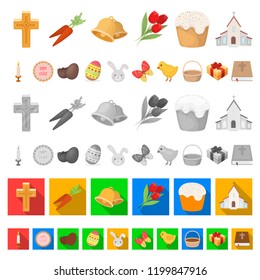 Easter is a Christian holiday cartoon icons in set collection for design. Easter attributes vector symbol stock web illustration.