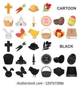 Easter is a Christian holiday cartoon icons in set collection for design. Easter attributes vector symbol stock web illustration.