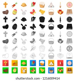Easter is a Christian holiday cartoon icons in set collection for design. Easter attributes vector symbol stock web illustration.