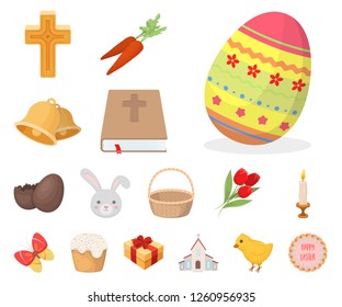 Easter is a Christian holiday cartoon icons in set collection for design. Easter attributes vector symbol stock web illustration.