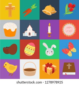 Easter is a Christian holiday cartoon icons in set collection for design. Easter attributes vector symbol stock web illustration.