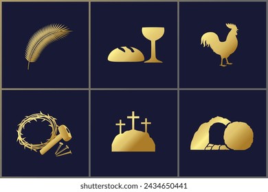 Easter christian holiday golden icon set. Icons concept for Good Friday or Easter Sunday posters, flyers or web stories. Vector illustration