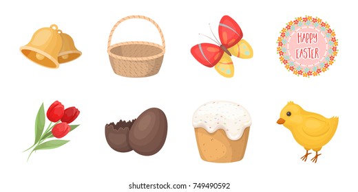 Easter is a Christian holiday icons in set collection for design. Easter attributes vector symbol stock web illustration.