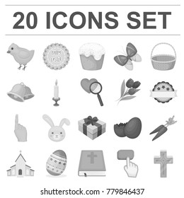 Easter is a Christian holiday monochrome icons in set collection for design. Easter attributes vector symbol stock web illustration.