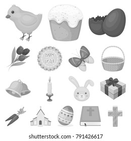 Easter is a Christian holiday monochrome icons in set collection for design. Easter attributes vector symbol stock web illustration.