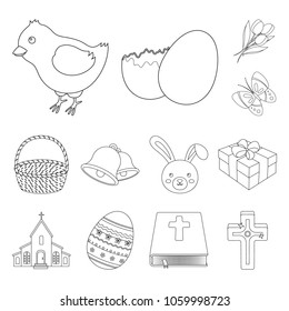 Easter is a Christian holiday outline icons in set collection for design. Easter attributes vector symbol stock web illustration.