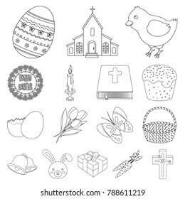 Easter is a Christian holiday outline icons in set collection for design. Easter attributes vector symbol stock web illustration.