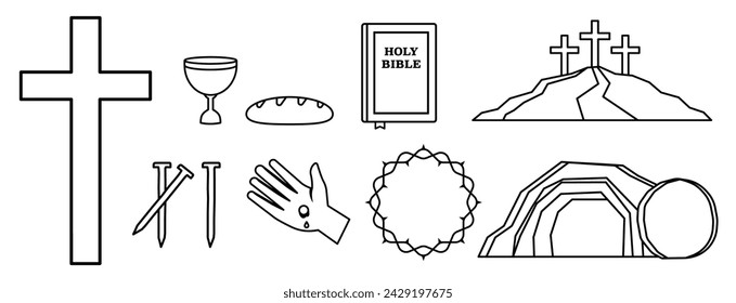 Easter christian icons. Set of outline christian icons