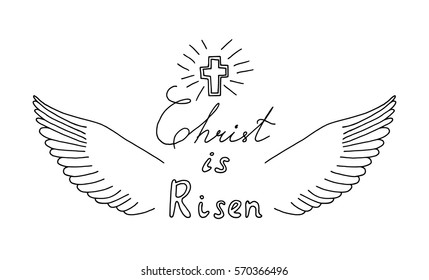 Easter christian motive with lettering and sketch He is risen, vector illustration