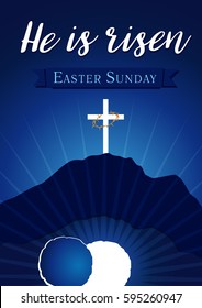 Easter christian motive, vector invitation to an Easter Sunday service with text He is risen on a background of rolled away from the tomb stone of Calvary. Easter sunday holy week calvary tomb banner