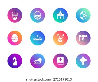 Pascua, tradición cristiana, celebración. Conjunto de Vector de 12 iconos de gradiente redondo con obispo, conejo, iglesia y huevos decorados para UI festivo y diseño estacional.
