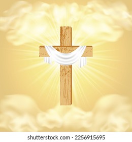 Easter. Christian wooden cross with a shroud on the background of divine sunlight, sky, clouds. Religious symbol of faith. Postcard with Palm Sunday, Easter, Resurrection of Christ.Vector illustration