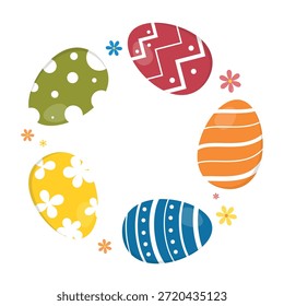 Osterkreisrand von bunten Eiern mit Muster und Frühlingsblumen. Vektorelement für Design, Dekoration, Grußkarte, Einladung.