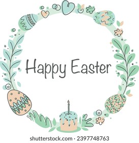 Easter circle frame, with eggs and flowers. Cartoon style