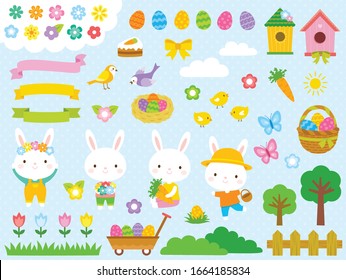 Easter clip art set with cute Easter bunnies, Easter eggs and other spring related illustrations.