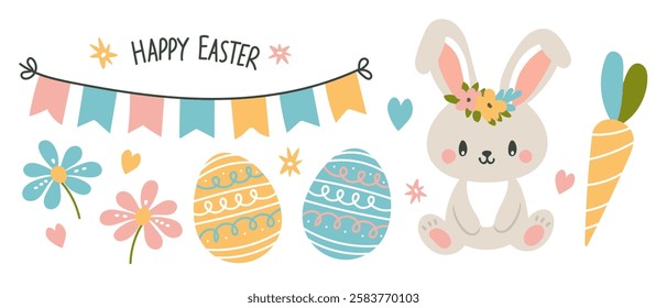 Easter clip art set. Cute Easter Bunny with floral crown, decorated eggs, flowers, carrot and festive banner with the text Happy Easter. Vector illustration of Easter symbols on white background.