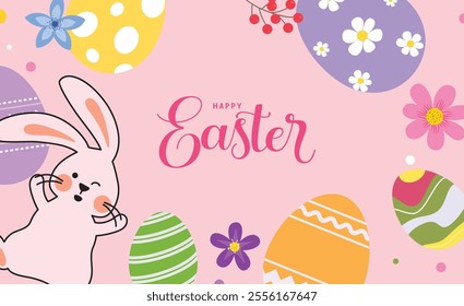 Easter clipart background design. Happy easter sunday wishes clip art with bunny, eggs and flowers abstract colorful drawing background. Vector illustration holiday greeting card. 