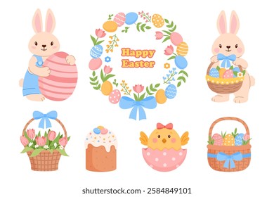 Easter clipart. Easter bunny, Easter cake, chicken and basket with tulips.