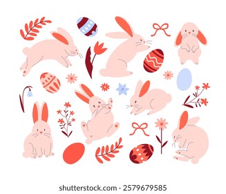 Easter clipart collection with cute and funny rabbits in different poses, flowers, eggs.