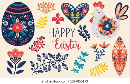 Easter clipart collection with egg, floral elements, chicken, and happy easter lettering. Hand drawn Scandinavian style vector illustration.