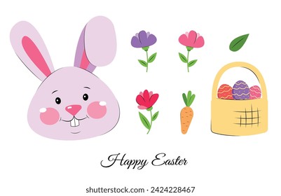 Easter clipart with cute bunny, flowers, carrot, basket for eggs. Egg hunting. Easter holiday elements