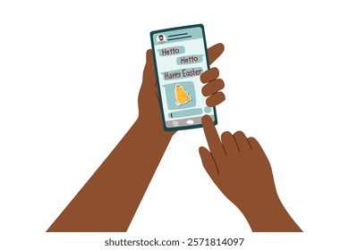 Easter clipart. Human hands holding the phone with text message Easter greeting. Vector flat style illustration.