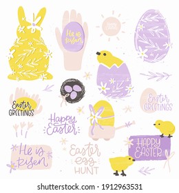 Easter clipart   lettering set for greeting cards banner decoration in lilac  yellow   grey colours  Bird nest and eggs  cute cartoon chick  bunny characters   hands 