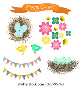 Easter clipart set. Blue eggs in nest, birds and flowers. Happy Easter holiday spring vector objects for cards and scrapbook.