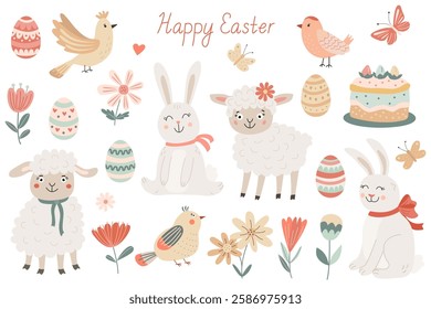 Easter clipart set with cute bunnies, lambs, decorated eggs, birds, butterflies, flowers, and a festive cake. Perfect for greeting cards, invitations, prints, stickers, and digital projects