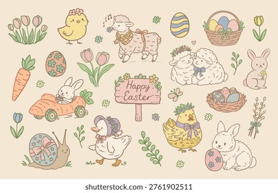 Easter clipart set featuring cute spring farm animals, including bunny, chick, lamb and duck with flowers, eggs and decorative elements. Pastel nursery-style illustration collection suitable for greeting cards, patterns, educational materials, seasonal designs, and printable graphics.