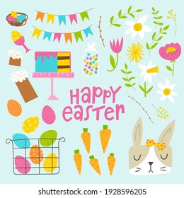 Easter clipart set. Flat hand drawn elements for spring holiday celebration. Cute bunny face, flowers and leaves, carrots, cakes and sweets, egg basket. Funny Easter vector collection.
