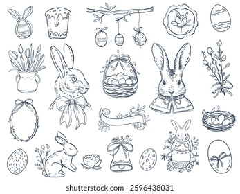 Osterclipart Vektorsatzsymbol auf isoliertem Hintergrund. Naive lineare Kontur Illustration Vintage Feder Design Elemente für Logotype oder zeitgenössisches Design. Monochrome Konturzeichnung.