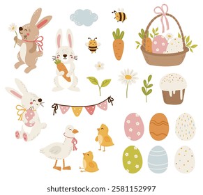 Easter clipart vector, Spring elements, egg, bunny, chicken, plants