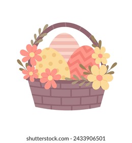 Easter clipart. Wicker basket with Easter eggs decorated spring flowers in flat style. Easter basket on a white background.