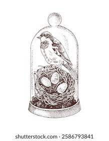 Easter cloche decoration with a bird nest and sparrow