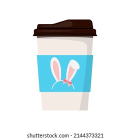 Easter coffee cup or mug with cute bunny ears icon isolated on white background. Drink to go design with traditional spring girl rabbit hare ear hair accessory. Vector flat design cartoon illustration