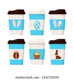 Easter coffee cup spring mug icon isolated on white background. Drink to go design with spring rabbit or hare bunny ears, easter egg, bsket, chocolate bunny. Vector flat design cartoon illustration.