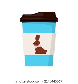 Easter coffee mug with chocolate bunny rabbit icon isolated on white background. Drink to go cup with easter candy food gift design print. Vector flat design cartoon illustration