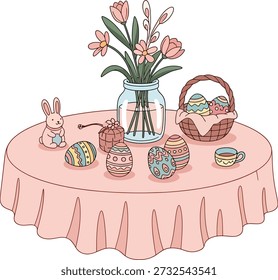 Easter coffee table decoration with flowers, bunny figurine, eggs and tableware in a cozy spring setup. Flat vector illustration on white background.