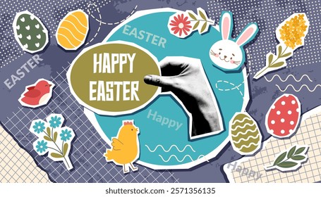 Easter collage banner with human hand photo and Easter objects - bunny, chicken, eggs, flowers in pop art style. Easter trendy background.