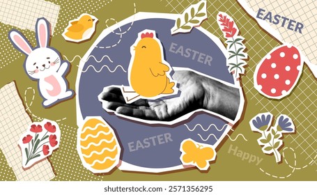 Easter collage banner with human hand photo and Easter objects - bunny, chicken, eggs, flowers in pop art style. Easter trendy background.