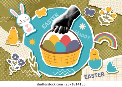 Easter collage banner with human hand photo and Easter objects - basket, bunny, chicken, eggs in pop art style. Easter trendy background.