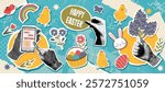 Easter collage banner with human hands photos and Easter objects - bunny, chicken, eggs, flowers, phone in pop art style. Easter trendy background.