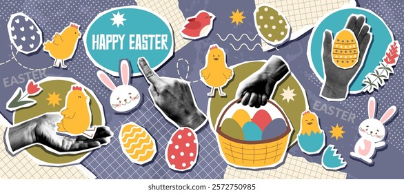 Easter collage banner with human hands photos and Easter objects - bunny, chicken, eggs, flowers in pop art style. Easter trendy background.
