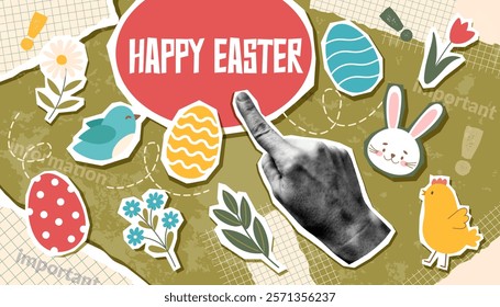 Easter collage banner with human pointing finger photo and Easter objects - bunny, chicken, eggs, flowers in pop art style. Easter trendy background.