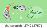 Easter collage banner with modern retro style. Trendy greeting card design with magazine cut out shapes and halftone hands holding Easter eggs. Vector illustration.