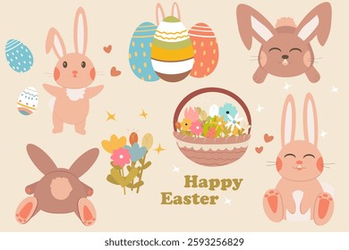 Easter collage bright images illustrations for Easter colorful stickers of bunnies and easter eggs, basket with flowers spring bouquets of flowers holiday cards and congratulations
