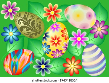 Collage de Pascua, huevos de Pascua de colores con flores y hojas verdes